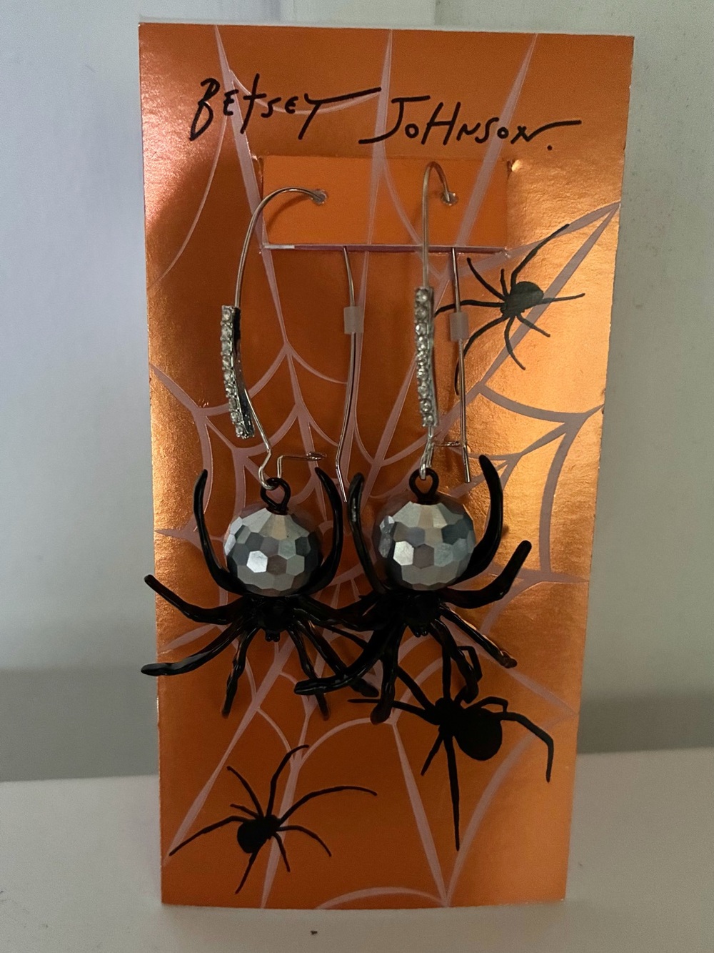 Betsey Johnson Black and Silver Disco Ball Spider Drop Earrings